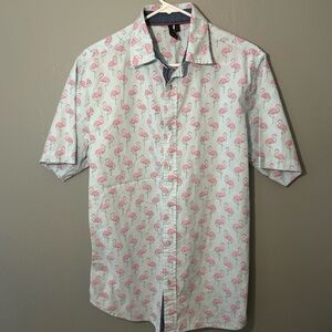 Blue Pink Flamingos Mens Short Sleeve Shirt Hawaiian Size Medium 100% Cotton